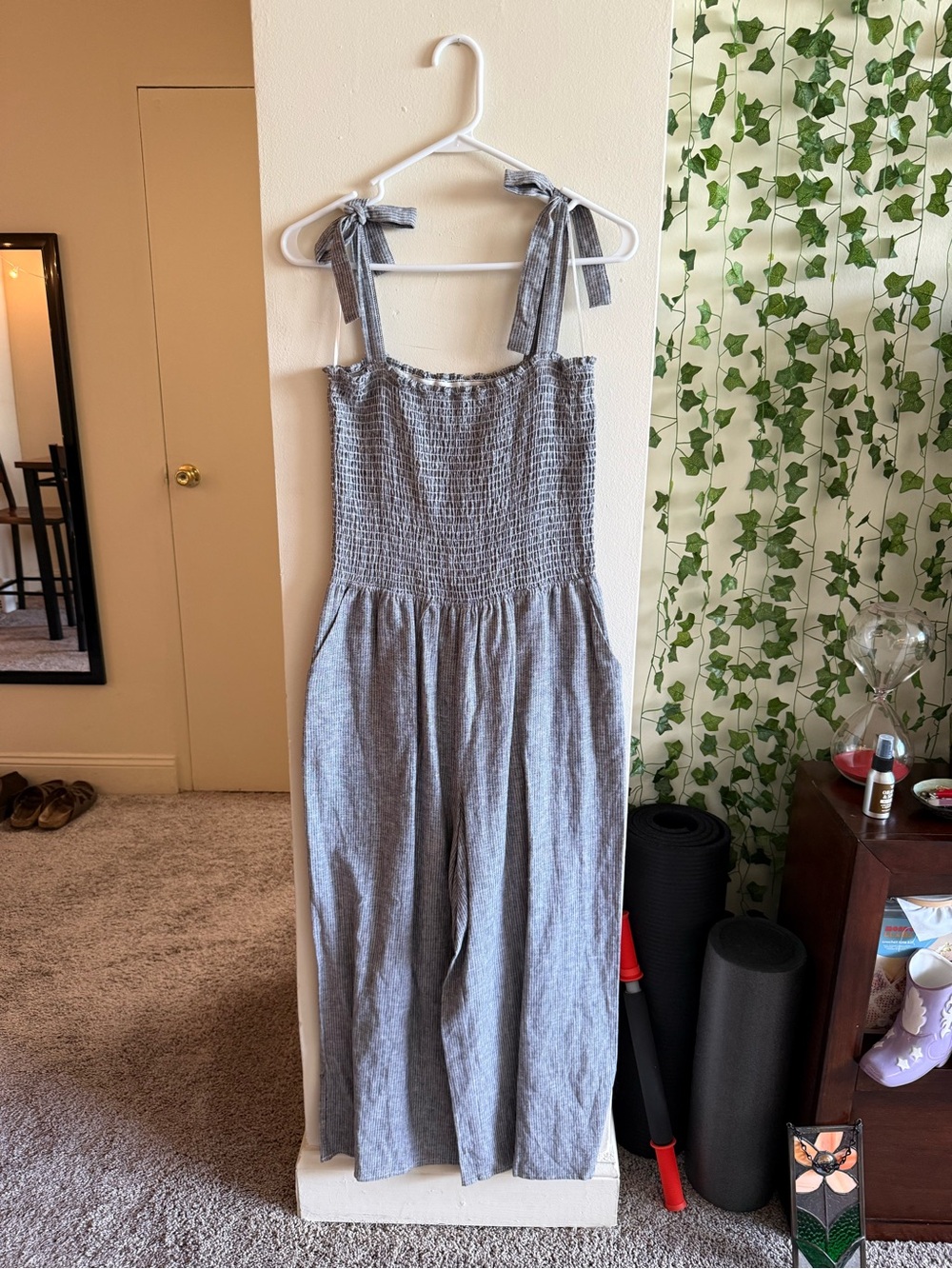 Gray Smocked Jumpsuit with Tie Straps